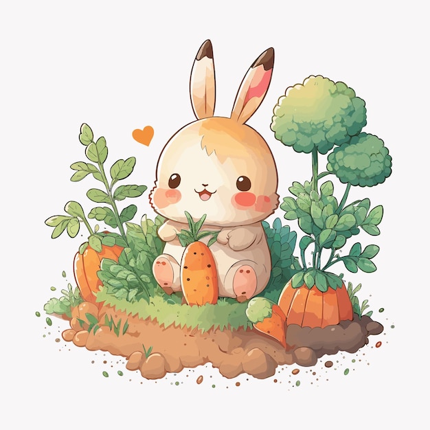 Un lapin de dessin animé tient une carotte dans le jardin.