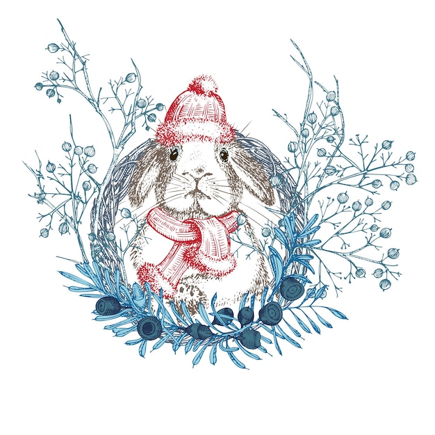 Lapin dessiné à la main en chapeau d'hiver rouge, écharpe Couronne de vacances Symbole de lapin 2023 chinois