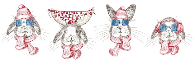 Lapin dessiné à la main en écharpe d'hiver rouge cache-oreilles lunettes de soleil Symbole de lapin Nouvel an chinois 2023 Décoration de Noël Art de tatouage Conception de style de gravure de croquis noir et blanc Vector