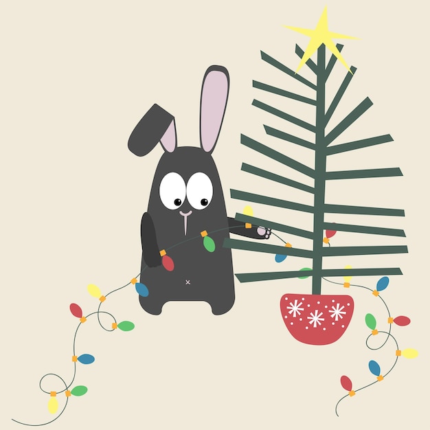 Un Lapin D'eau Noire Décore Un Sapin De Noël Avec Une Guirlande. Symbole Du Calendrier Chinois 2023