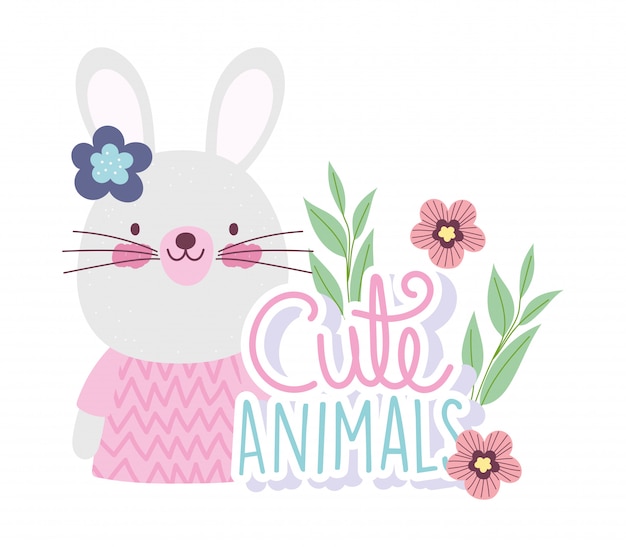 Lapin Femelle Dessin Animé Mignon Animal Personnages Fleurs Nature