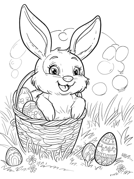 Le lapin heureux dans le panier avec des œufs de Pâques à colorier pour les enfants.