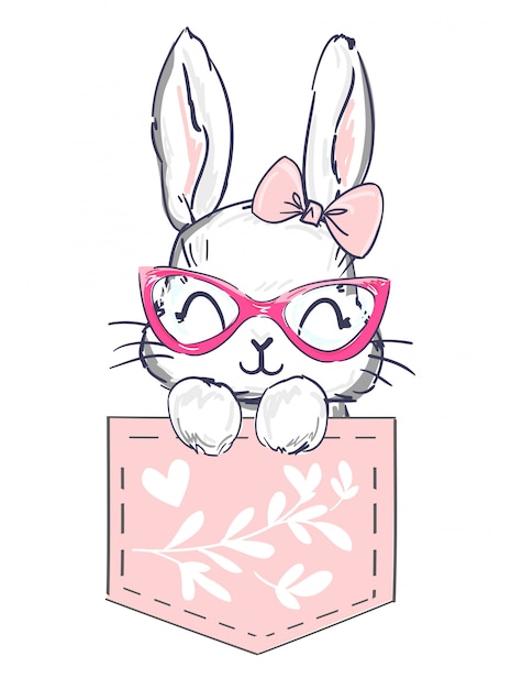 Lapin Heureux Dessiné à La Main Est Assis Dans Une Poche Rose.