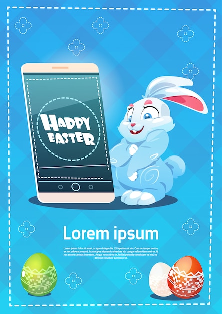 Lapin Hold Cell Smart Phone Décoré Oeufs Colorés Symboles De Vacances De Pâques Carte De Voeux