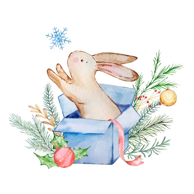 Lapin D'illustration De Noël Aquarelle Dans Une Boîte Cadeau