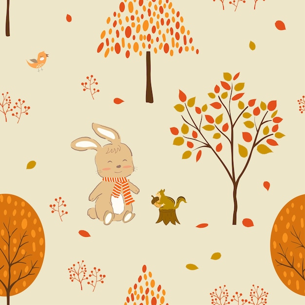 Lapin mignon et amis dans le modèle sans couture de forêt d'automne pour l'impression textile ou le papier peint