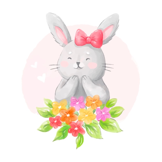 Vecteur lapin mignon aquarelle dessiné à la main avec bouquet de fleurs
