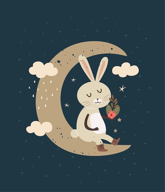 Lapin Mignon Assis Sur Un Croissant De Lune