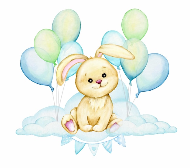 Lapin Mignon, Assis Sur Un Nuage, Sur Fond De Ballons Bleus. Clipart Aquarelle, Style Cartoon.