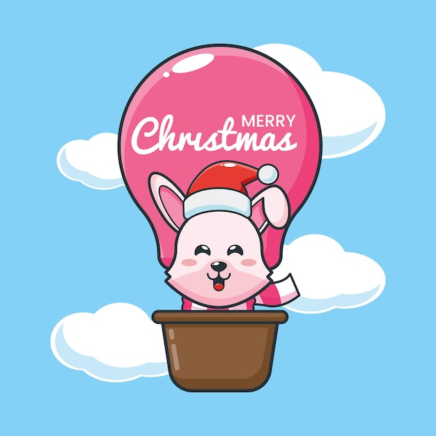 Lapin Mignon Au Jour De Noël Voler Avec Ballon à Air Illustration De Dessin Animé Mignon De Noël