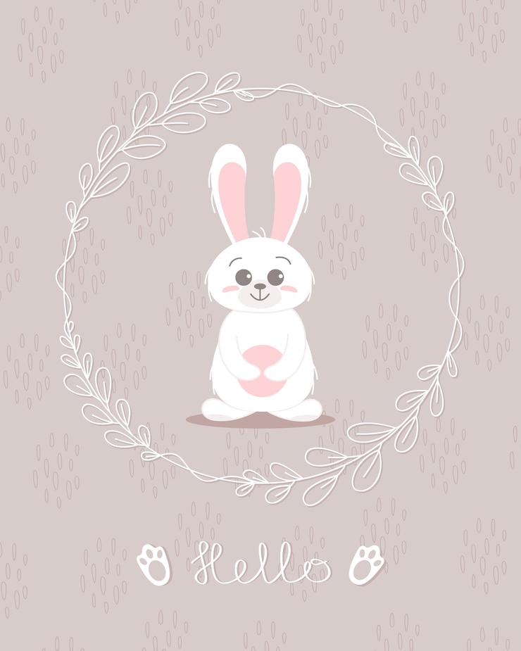 Vecteur lapin mignon bébé et enfants concept joyeuses pâques lapins poses différentes personnages de dessins animés carte avec lapin mignon lapin avec des feuilles florales conception pour bébé enfants affiche carte invitaton vector