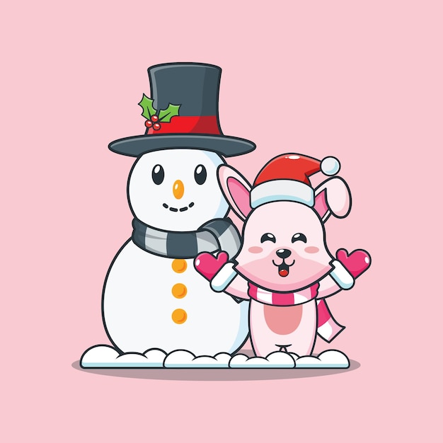 Lapin Mignon Avec Bonhomme De Neige Le Jour De Noël Illustration De Dessin Animé Mignon De Noël