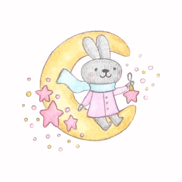 Lapin Mignon De Caractère D'aquarelle Se Reposant Sur La Lune Avec L'étoile De Jouet De Noël