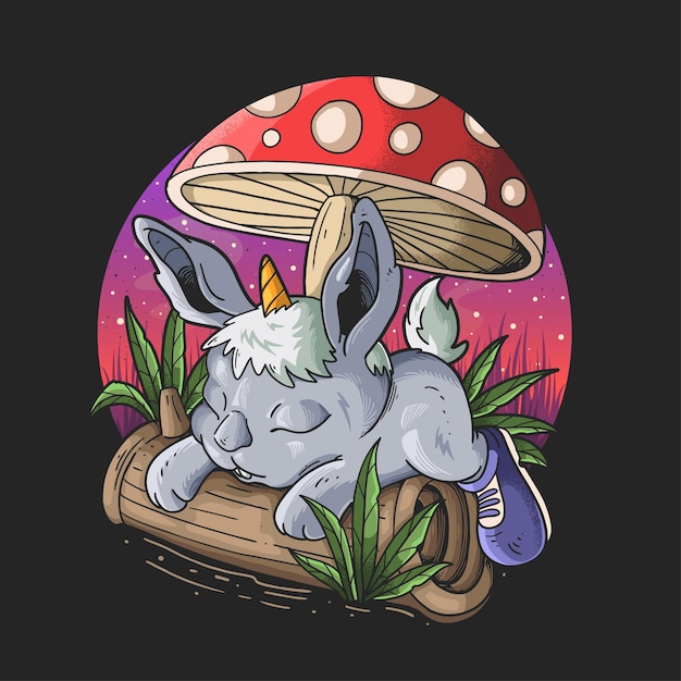 Lapin Mignon Avec La Corne De Licorne S'étendant Sous Une Conception D'illustration De Dessin Animé De Champignon Sur Le Fond Noir