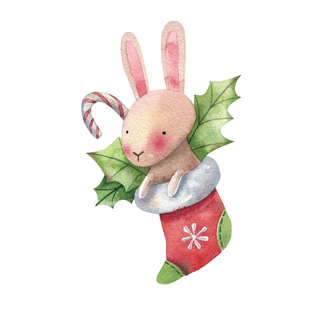 Lapin Mignon Dans Une Chaussette Noël, Nouvel An Aquarelle Illustration Isolé Sur Fond Blanc.