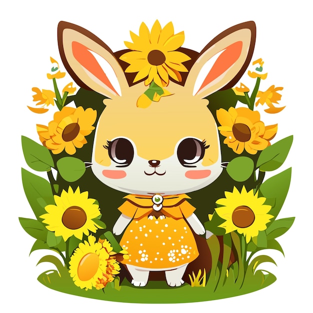 Lapin mignon dessiné à la main dans une illustration de jardin de tournesol