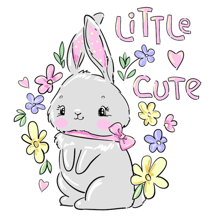 Vecteur lapin mignon dessiné à la main et fleurs illustration vectorielle conception d'impression amusante lapin enfants imprimés sur t-shirt