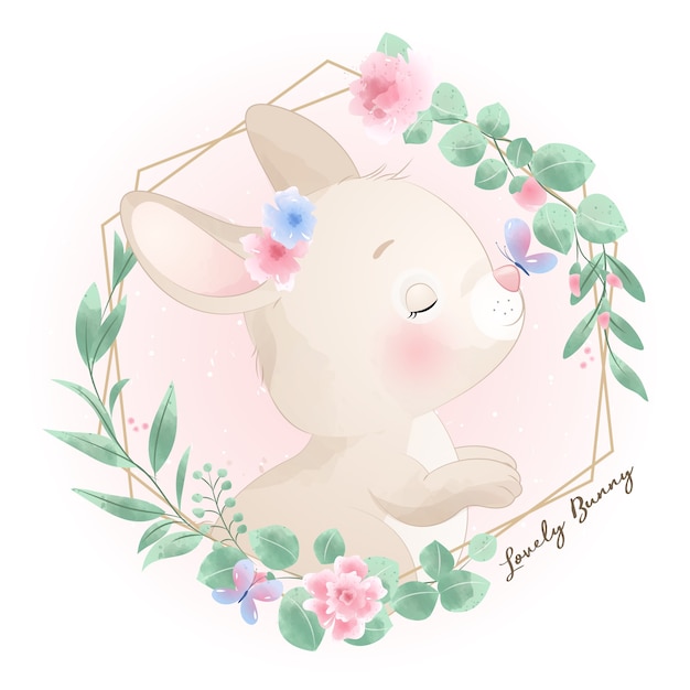 Lapin Mignon Doodle Avec Illustration Florale