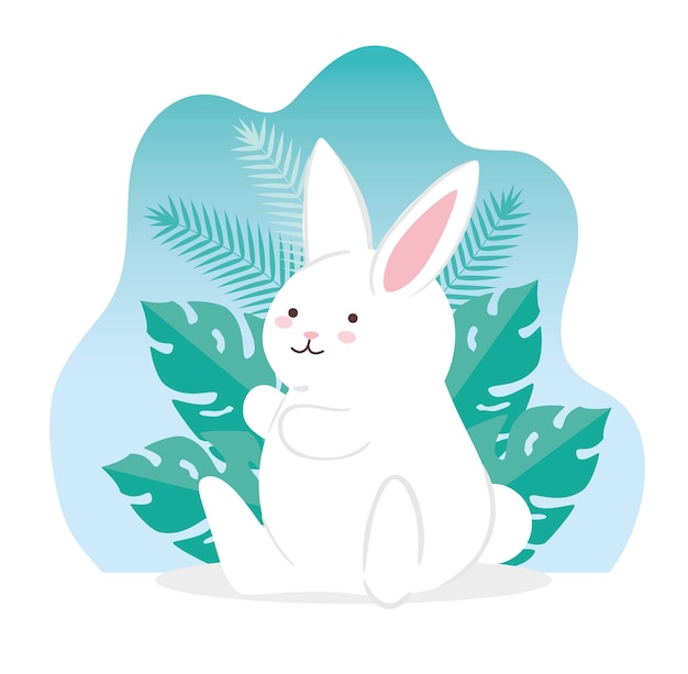 Lapin Mignon Avec Des Feuilles Tropicales