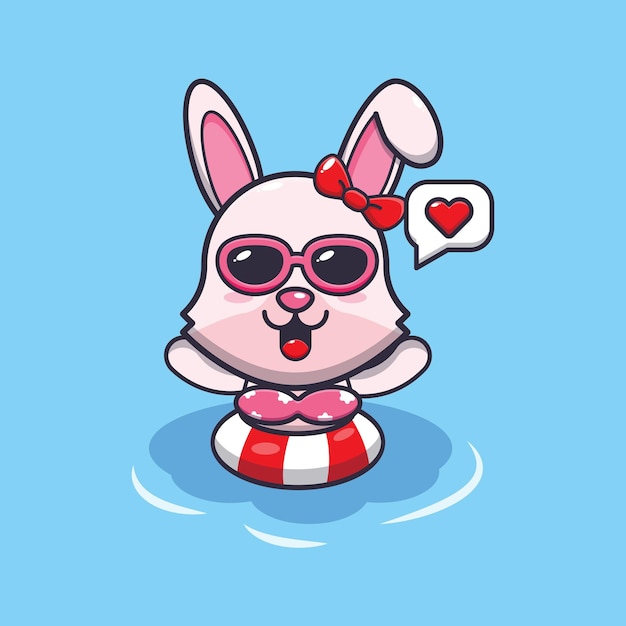 Lapin Mignon à Lunettes De Soleil Nageant Sur L'illustration De Dessin Animé De Plage.