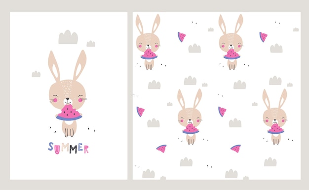 Lapin Mignon Mange Pastèque Modèle Sans Couture Impression D'été Illustration Vectorielle