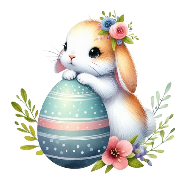 Le lapin mignon avec des œufs de Pâques Clipart Aquarelle