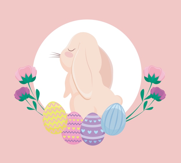 Lapin mignon avec des oeufs de Pâques et des fleurs