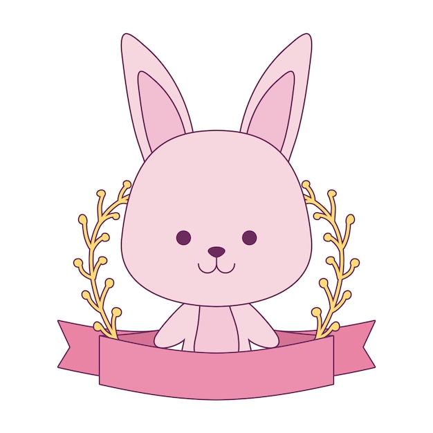 Lapin Mignon Avec Ruban Et Branches De Feuilles