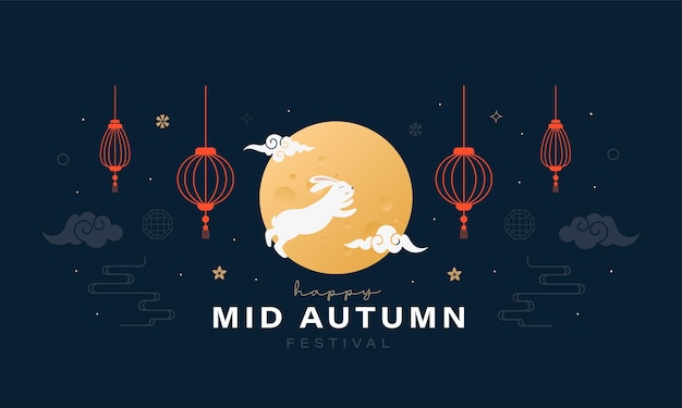 Vecteur lapin mignon saute devant le concept de conception d'illustration de la lune pour la célébration de la mi-automne