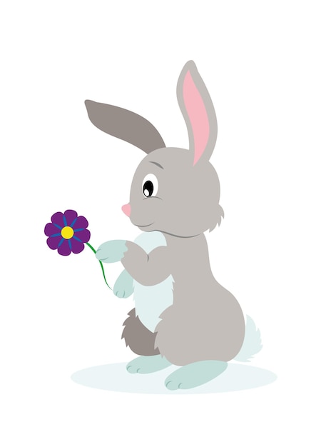 Lapin Mignon Tient Une Fleur Dans Sa Main Illustration Vectorielle De Lapin De Dessin Animé