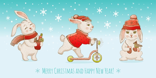 Vecteur lapin noël lapin nouvel an chinois 2023 bonne année vecteur mignon noël hiver animal fond adorable neige lièvre bannière carte dessin animé croquis noël vacances lapin en pull lapin blanc