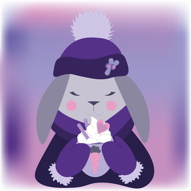 Lapin De Noël Mignon Violet Dans Un Style Plat Avec Une Tasse De Cacao