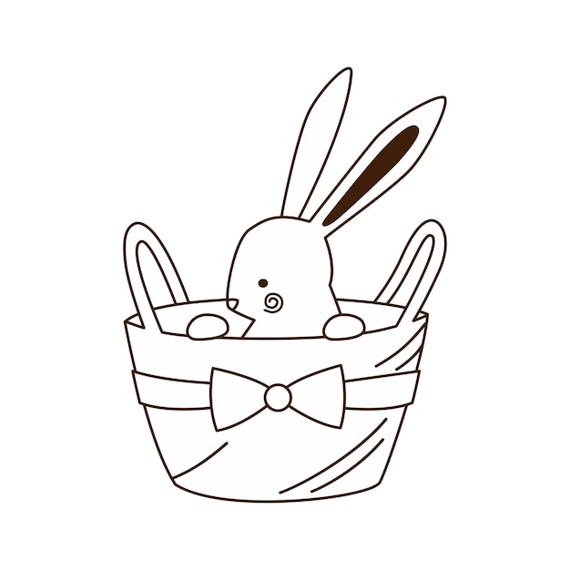 Lapin De Pâques Assis Dans Un Dessin De Doodle De Contour De Panier