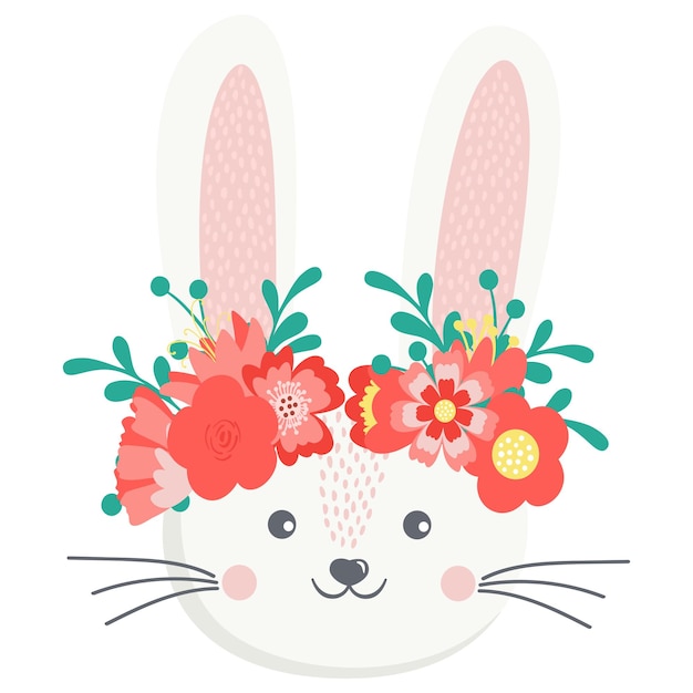 Lapin De Pâques Blanc Mignon Dessiné à La Main Décoratif Avec Des Fleurs Et Des Feuilles. Lapin De Pâques. Caractère Coloré Floral De Printemps. Illustration Vectorielle Isolée Sur Fond Blanc