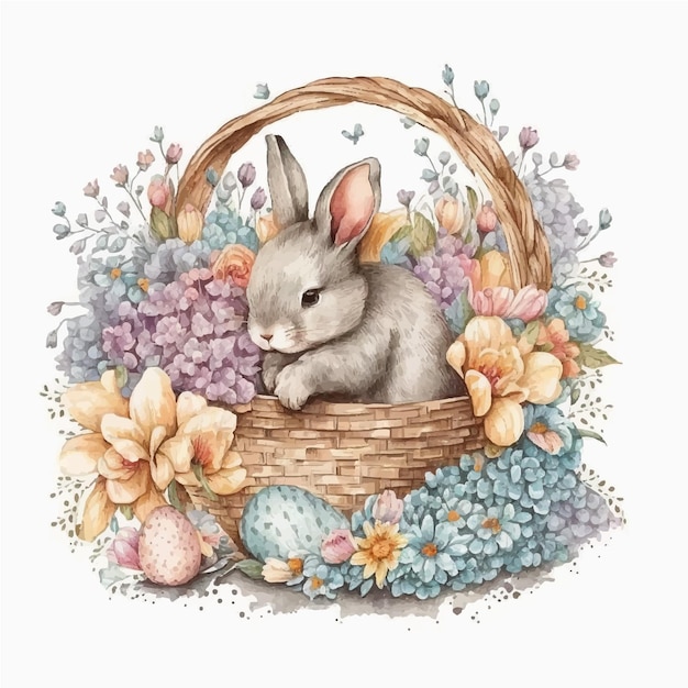 Lapin de Pâques dans un panier avec des fleurs et des oeufs.
