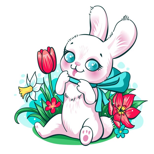 Lapin De Pâques Mignon Avec Des Fleurs