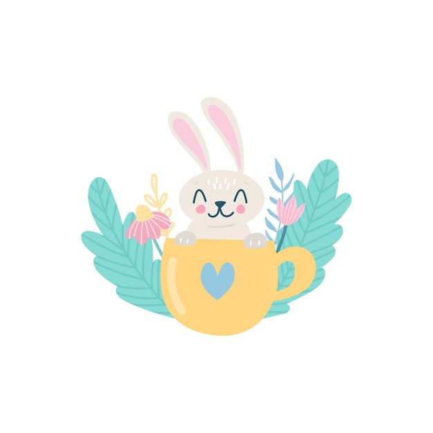 Lapin De Pâques Mignon En Tasse Avec Illustration De Fleurs Et D'herbes