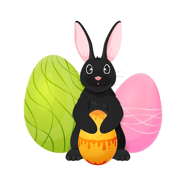 Lapin De Pâques Noir Gros Oeuf Peint Personnage De Dessin Animé Fluffy Lièvre Lapin Tenir Patte Cadeau De Vacances De Nombreux Oeufs Peints Colorés Printemps événement Religieux Heureux Mignon Animal Livre Autocollant Carte De Voeux Isolé