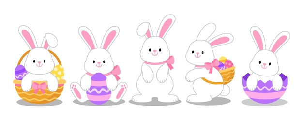 Le lapin de Pâques et les œufs Le mignon lapin blanc est un personnage de dessin animé.