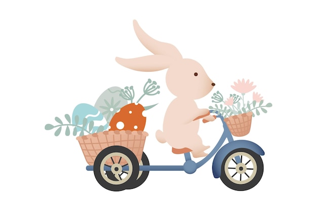 Lapin de Pâques sur un vélo Basket avec des œufs de Pâque Illustration dans le style rétro dessinée à la main