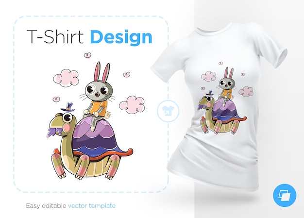 Lapin Sur Tortue. Impressions Sur Des T-shirts. Illustration Isolée Sur Blanc.