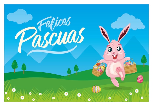 Vecteur lapin transportant des oeufs de pâques dans des paniers sur un paysage ensoleillé avec le message joyeuses pâques en espagnol