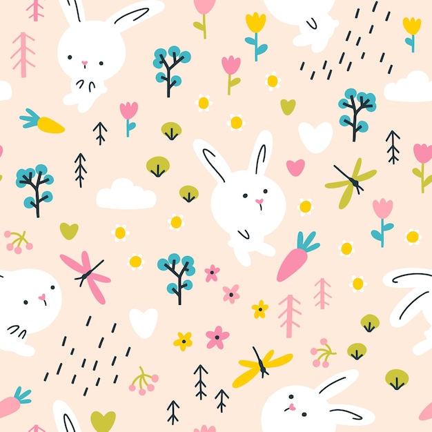 Lapins Blancs En Fleurs D'été Avec Modèle Sans Couture De Libellules. Illustration De La Pépinière Sur Fond Beige.