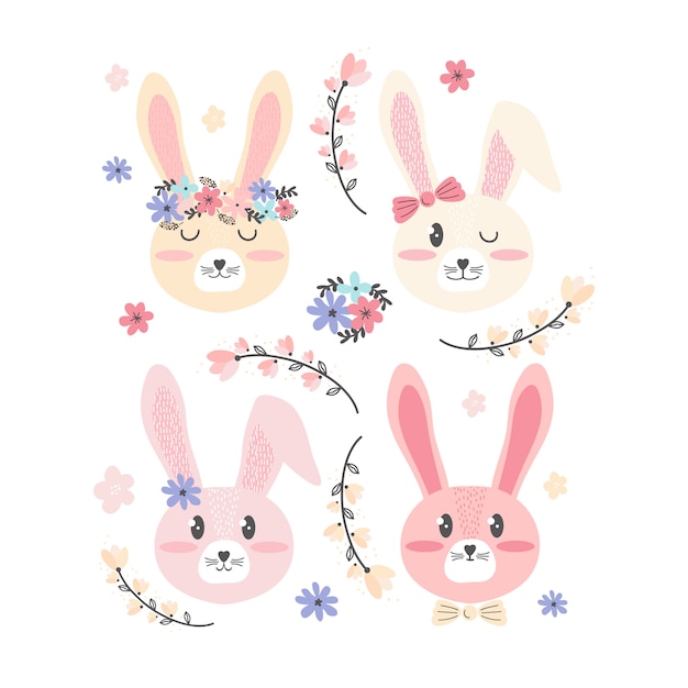 Lapins Et Fleurs. Visage Bouchent Personnage De Dessin Animé Petit Lapin.