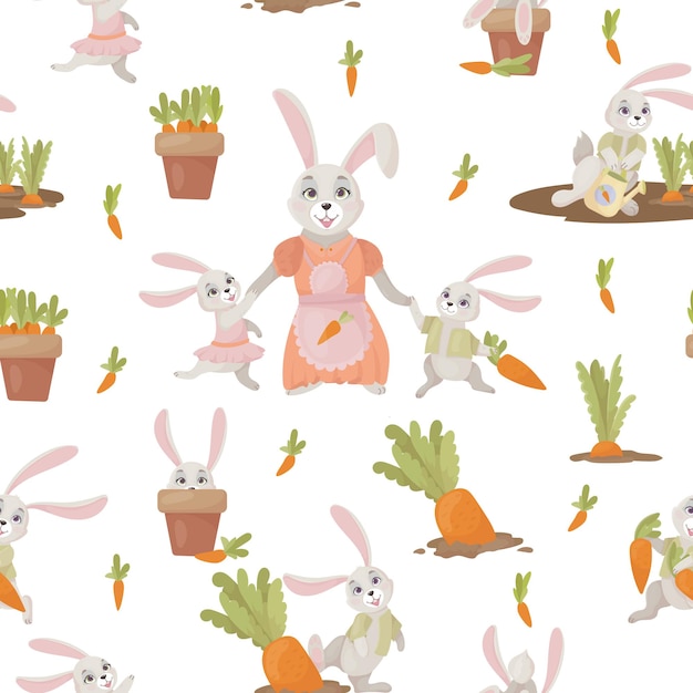 Lapins Gris. Motif Carotte Et Lapin. Joli Imprimé Enfantin De Légumes Et D'animaux. Illustration Vectorielle.