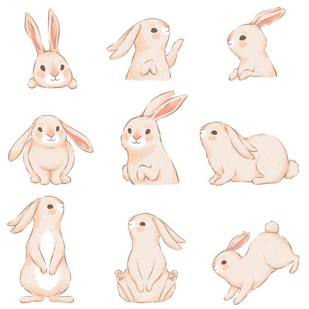 Lapins Mignons Avec Des Oreilles Roses Dans Différentes Poses Drôles. Caractères Pour La Conception De Pâques. Imitation De L'aquarelle à La Main. Isolé Sur Fond Blanc.