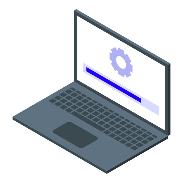 Laptop montrant la barre de progression de l'installation du logiciel avec l'icône de l'engrenage