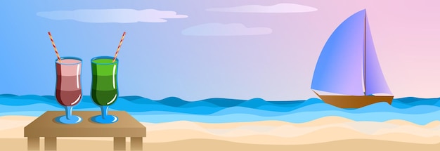 Large bannière Soirée d'été fond de mer coucher de soleil yacht léger rose dans la mer et deux cocktails de plage sur le sable Carte postale vacances saison publicité vacances à la plage
