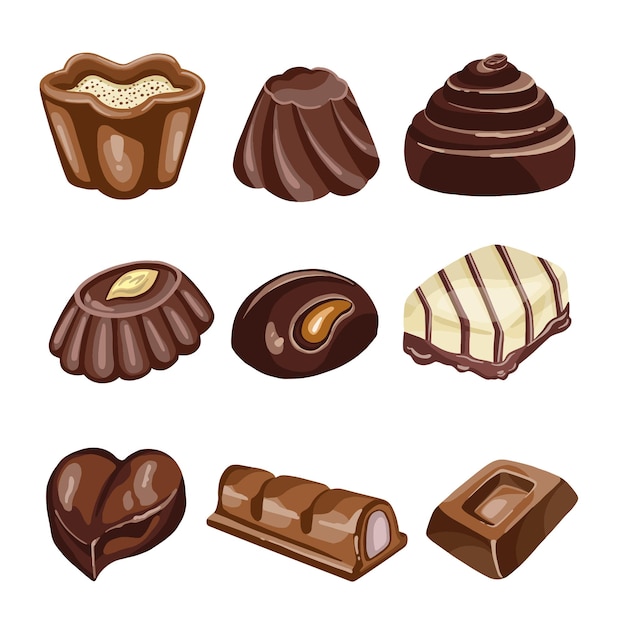 Vecteur large sélection de bonbons au chocolat de différentes formes avec différentes garnitures et garnitures images isolées illustration de haute qualité