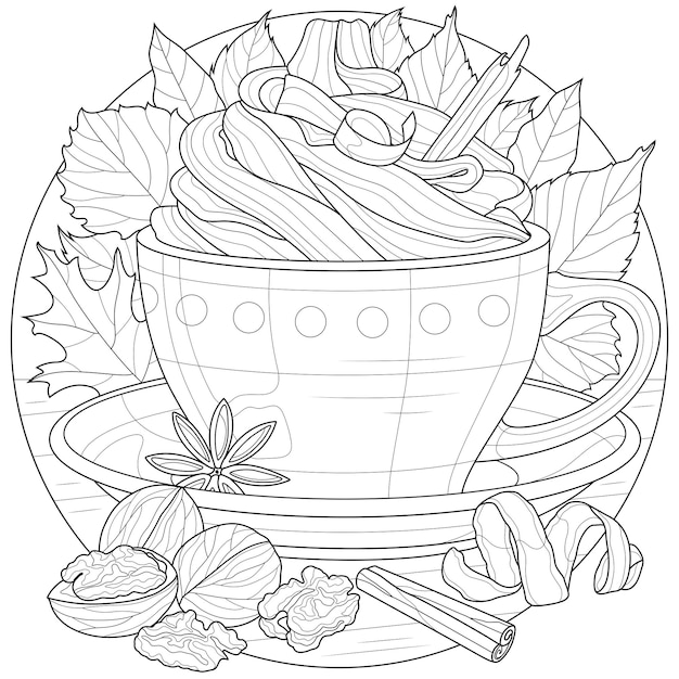 Vecteur latte aux noix de cannelle et feuilles d'automne boisson chaudelivre de coloriage antistress pour enfants et adultes